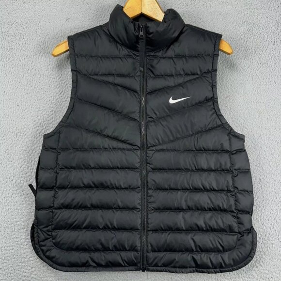 Nike Down Puffer Vest Men Medium Black Quilted Full Zip Sleeveless Swoosh - Picture 1 of 4